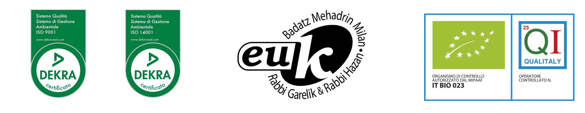 Certificazioni ADEA: DEKRA ISO 9001, DEKRA ISO 14001, EUK Kosher, Biologico UE IT BIO 023, QI Qualitaly